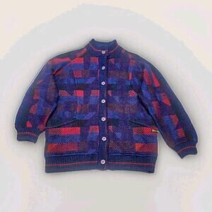 Vtg 80s Womens Crowneck Long Cardigan Sweater Geometric Knit Wool Mohair XL